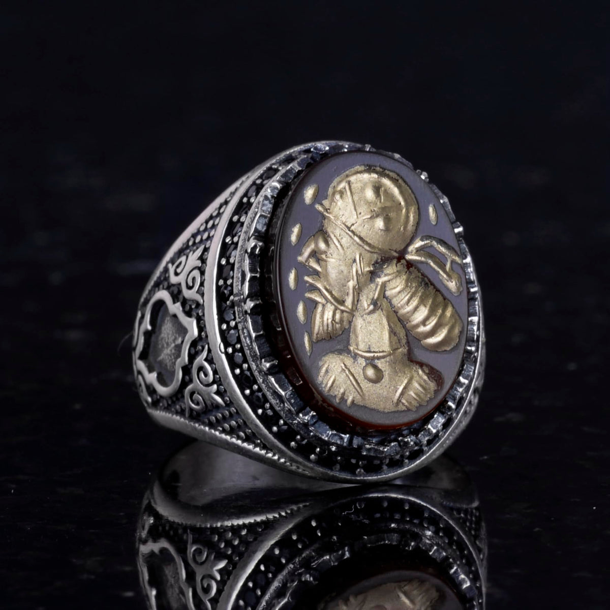 Natural Agate Stone Shaman Ring - Silver Jewelry - Carved Stone Ring - 925 Sterling Silver Men's Ring — 5