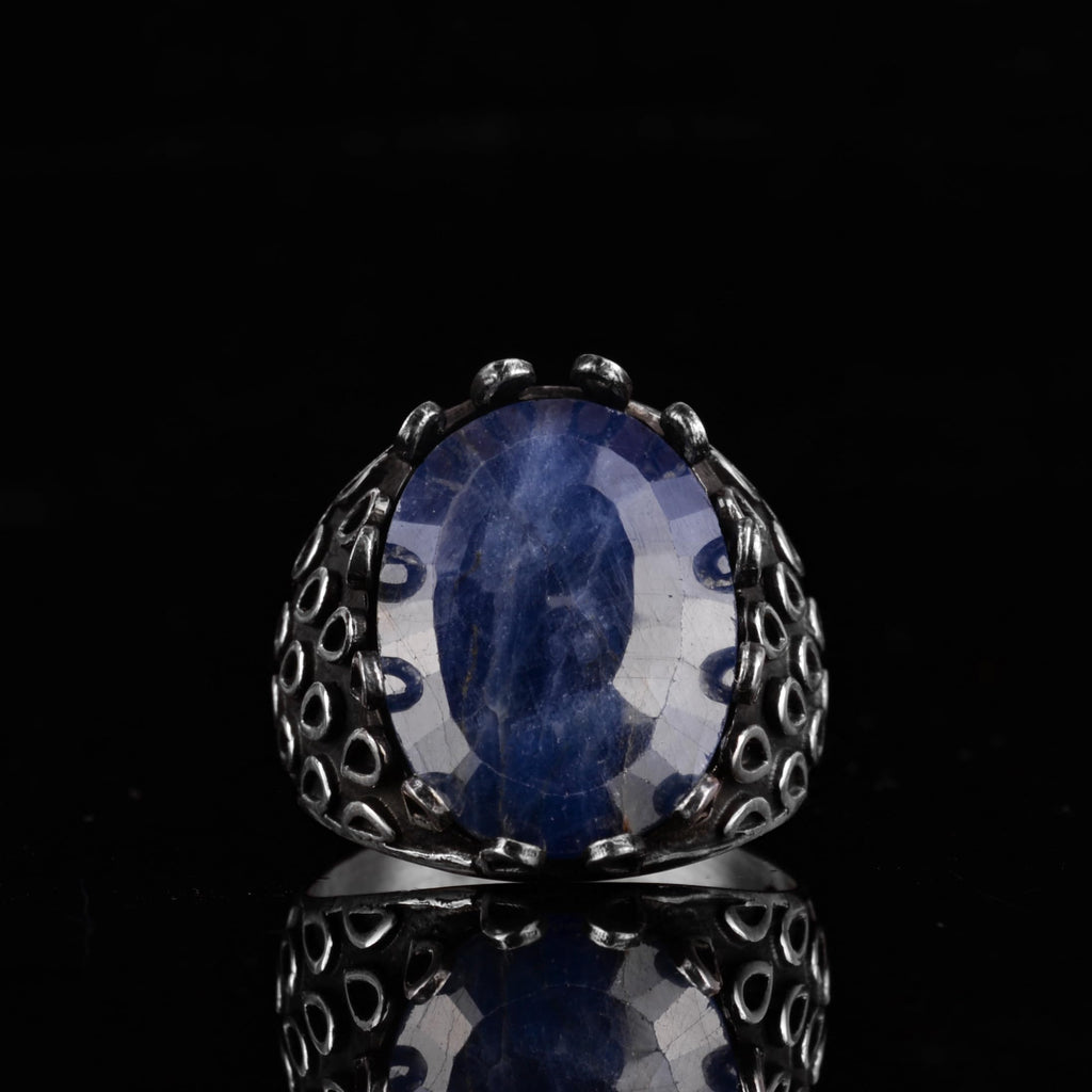 KAMBO 925 Sterling Silver Sapphire Stone Men's Ring – Oval Domed Statement Seal Ring (Sapphire-4) — 4