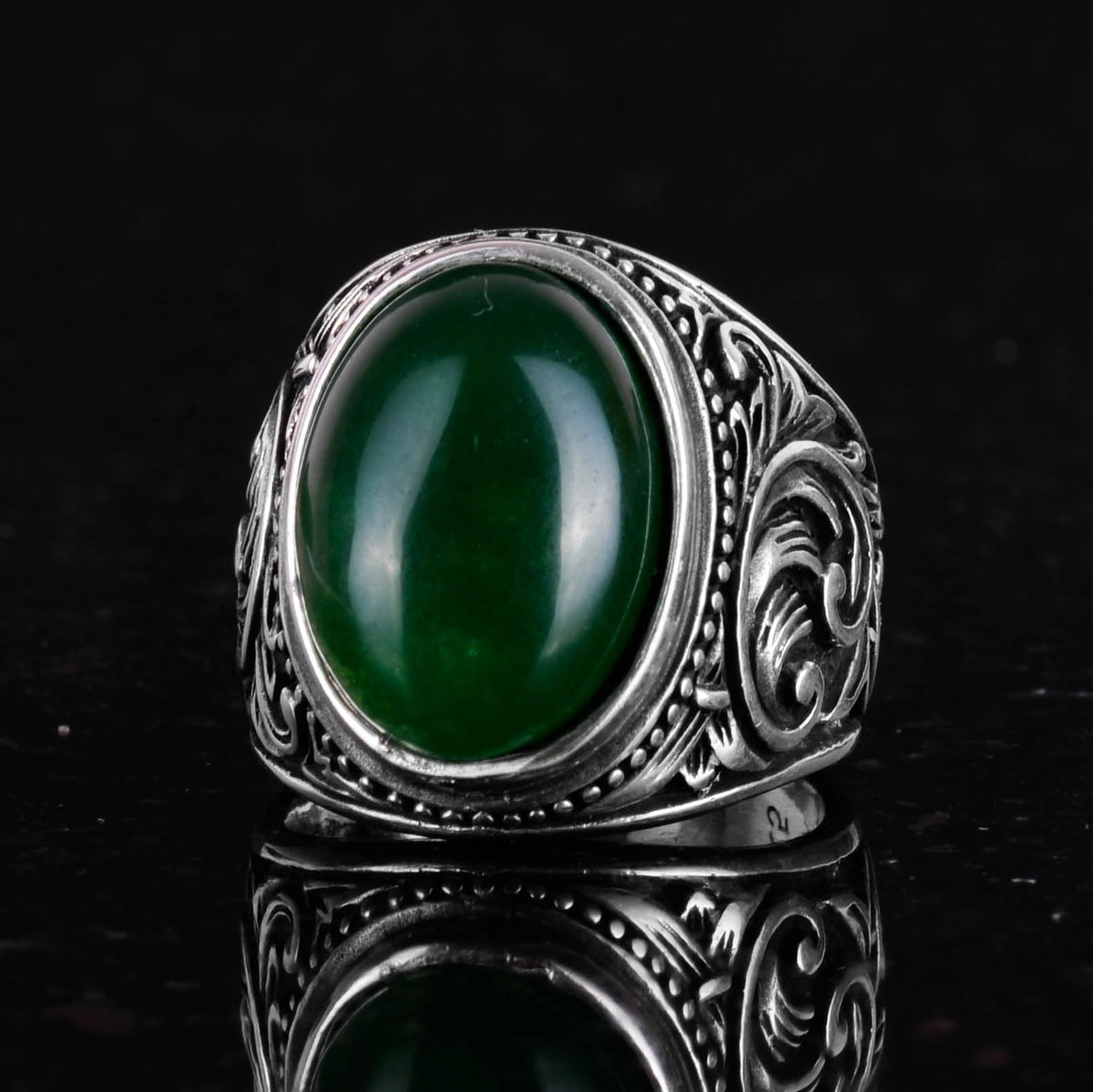 Handmade Natural Jade Stone Ring - 925 Sterling Silver Men's Ring - Harmony and Abundance Design — 5