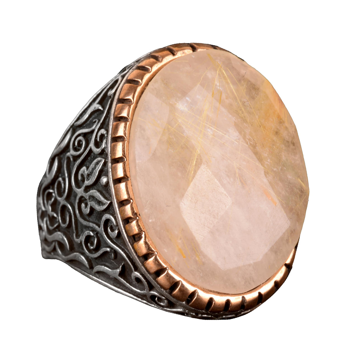 Real Natural Rutilated Quartz Stone Men's Ring - 925 Sterling Silver