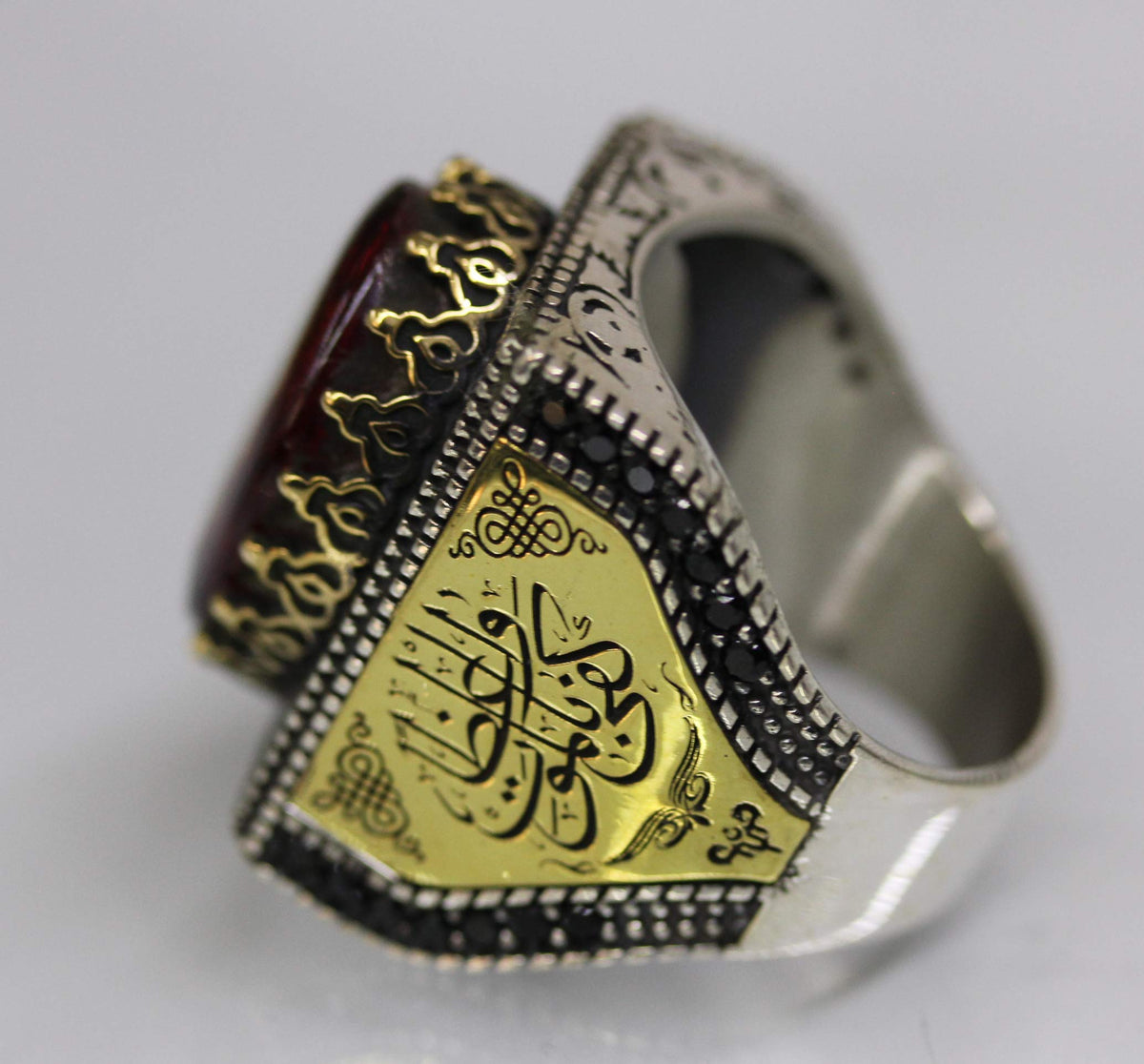 Men's Silver Ring, Mosque Engraved Ring, Amber Stone, Islamic Ring — 3