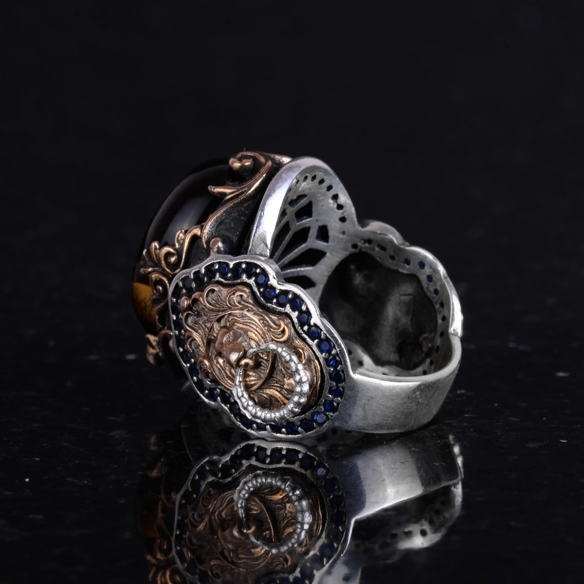 Handmade Tiger Eye Stone Ring, Lion Symbol Ring - 925K Pure Silver Men's Ring - Brave Design — 7