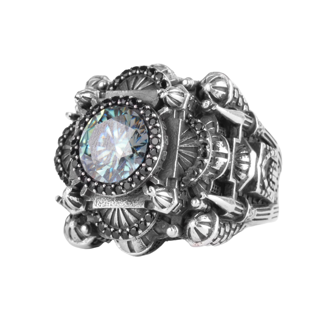KAMBO Large Natural Stone Men's Ring 925 Sterling Silver – Handmade Statement Ring Inspired by Islamic Mosque (Mozanite-2)