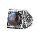 KAMBO Natural Round Stone Square Men's Ring 925 Sterling Silver – Ottoman Pattern Handmade Stone Ring (Blue Flash Labradorite)
