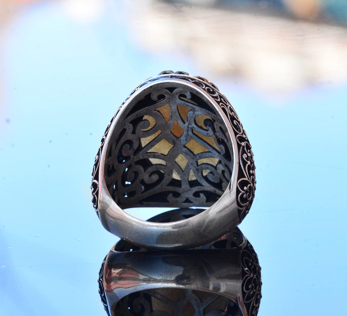 KAMBO Genuine Natural Sapphire Gemstone Handmade Ring, Men's Large Ring, Solid Silver - Symbol of Wisdom and Nobility — 8