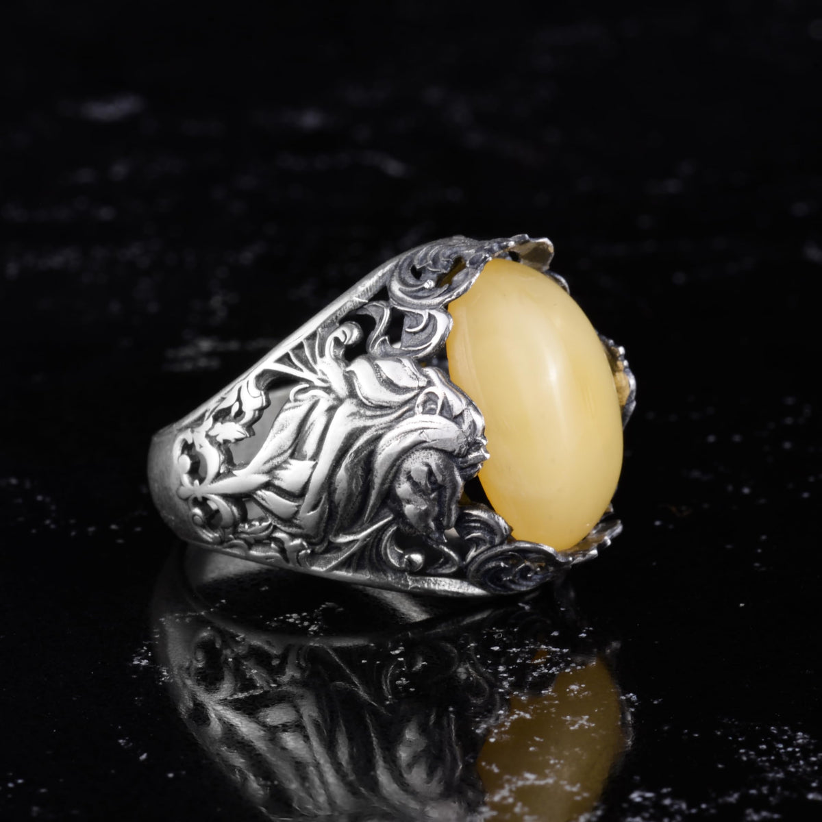 KAMBO Natural Stone Men's Ring 925 Sterling Silver - Large Flower Engraved Statement Ring - Handmade Vintage Ring for Men (Amber) — 5