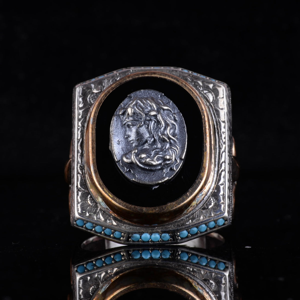 Black Patterned Stone Men's Large Ring – 925 Sterling Silver Vintage Design Statement Ring (Medusa) — 4