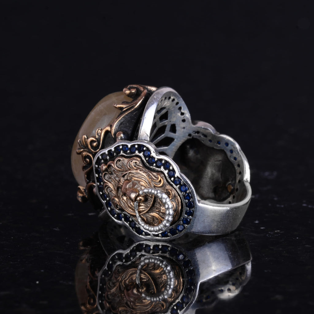 Natural Cabochon Gold Rutile Quartz Stone Ring - 925 Sterling Silver Men's Ring — 7
