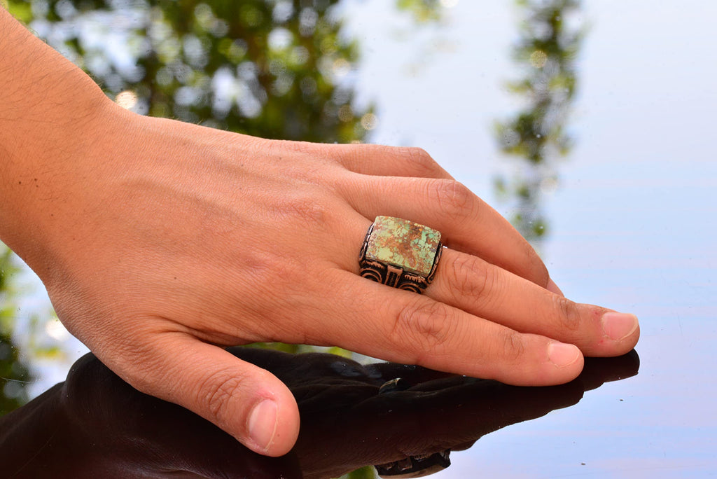 KAMBO Handmade 925 Sterling Silver Men's Ring with Natural Green Turquoise Gemstone, Vintage Statement Jewelry, Bold Des