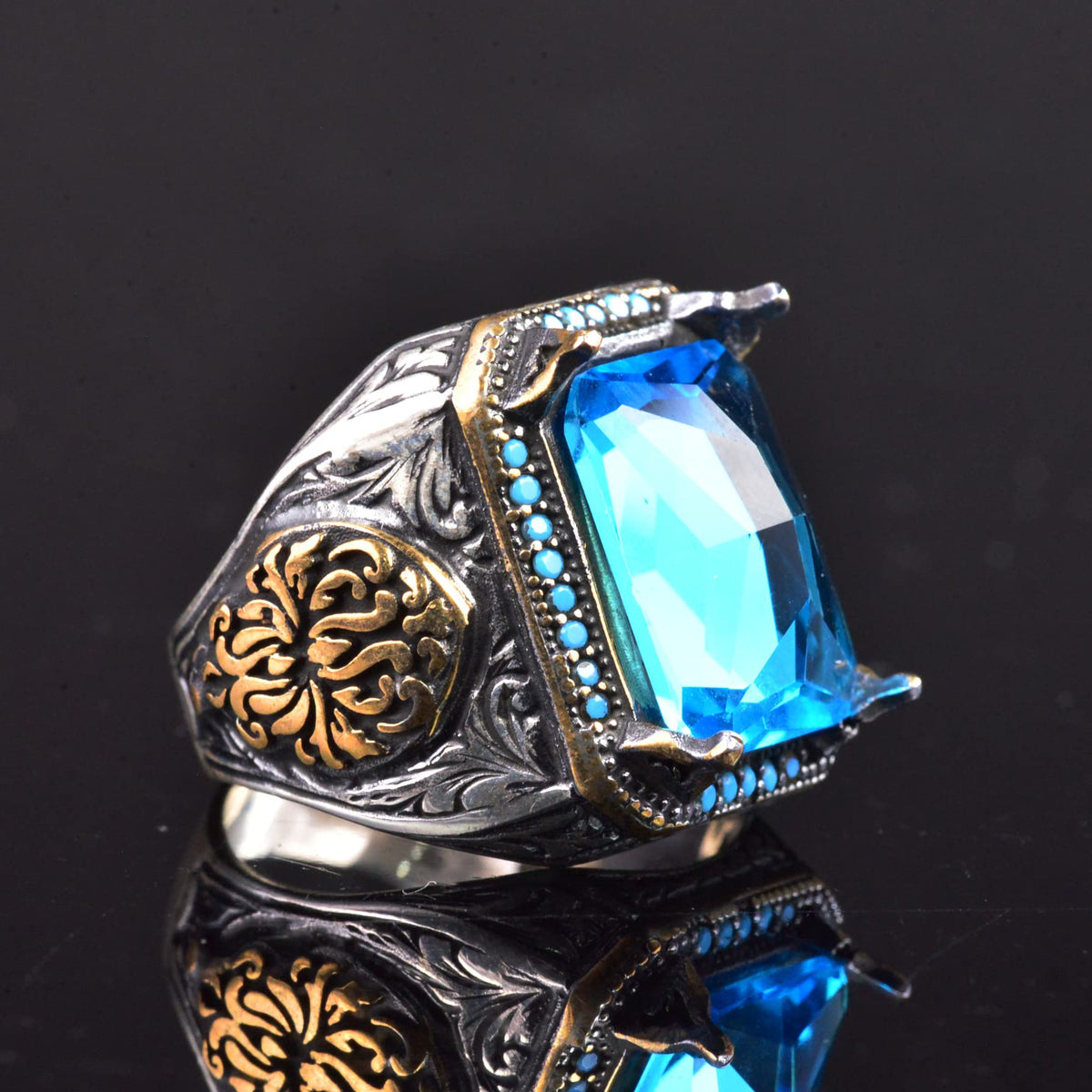 925 Sterling Silver Men's Ring, Artificial Aquamarine Stone and Fine Detailed Design — 5