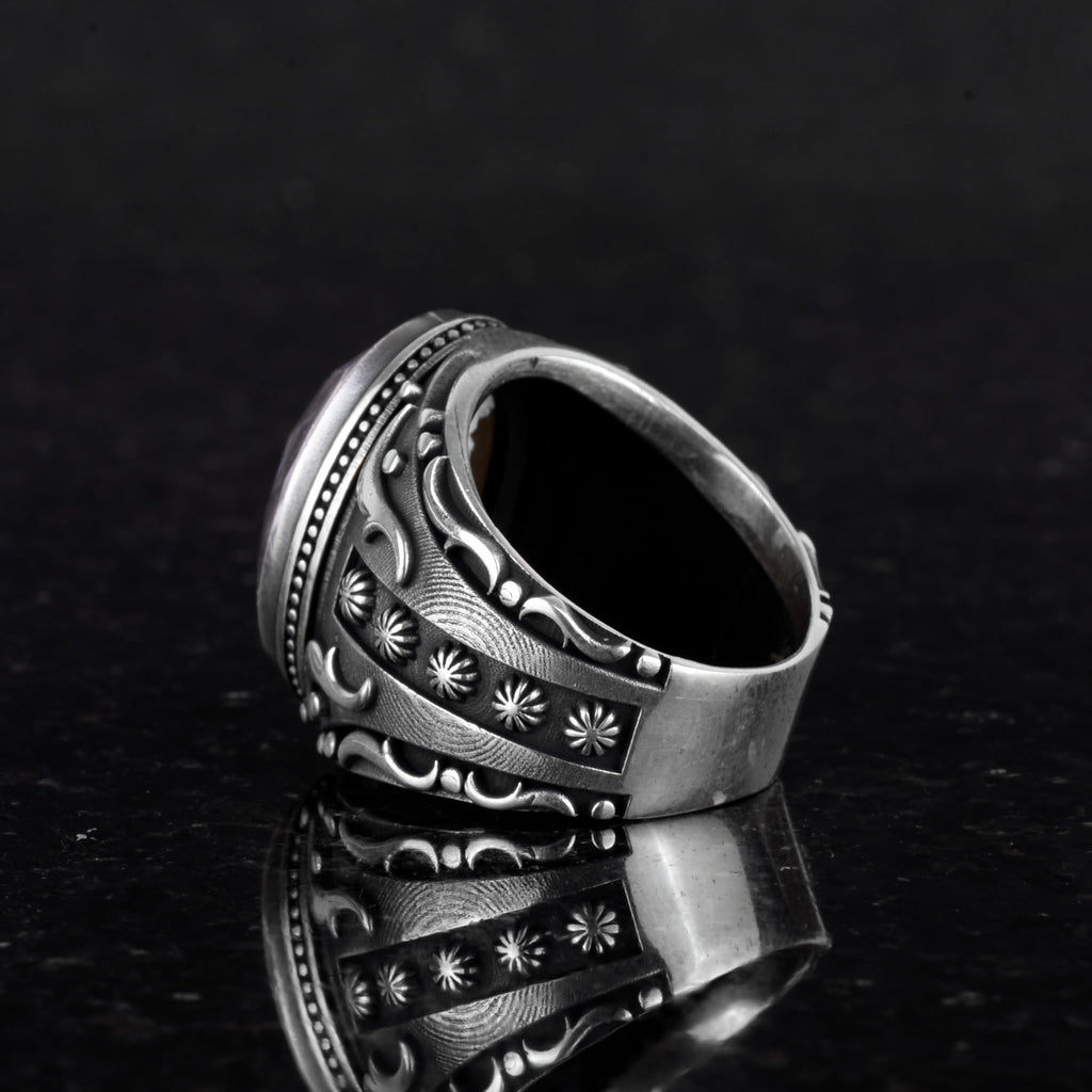 925 Sterling Silver Ring, Designer Silver Men's Ring (White Synthetic Cat's Eye Stone) — 7