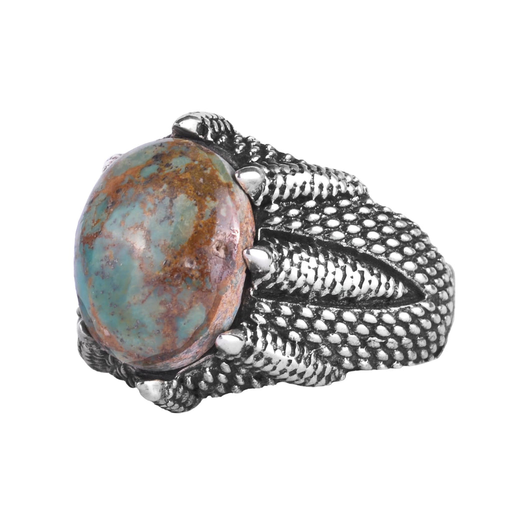 KAMBO Natural Turquoise Men's Ring 925 Sterling Silver – Oval Stone Claw Statement Men's Ring (Turquoise-1)
