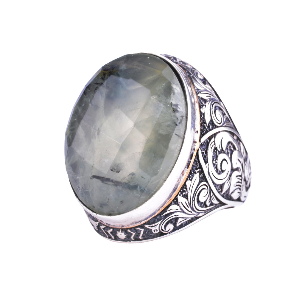 KAMBO Natural Prehnite Stone Large Men's Ring - Faceted Prehnite Stone Ring - Ottoman Floral Engraved Design 925 Sterling Silver Handmade Ring