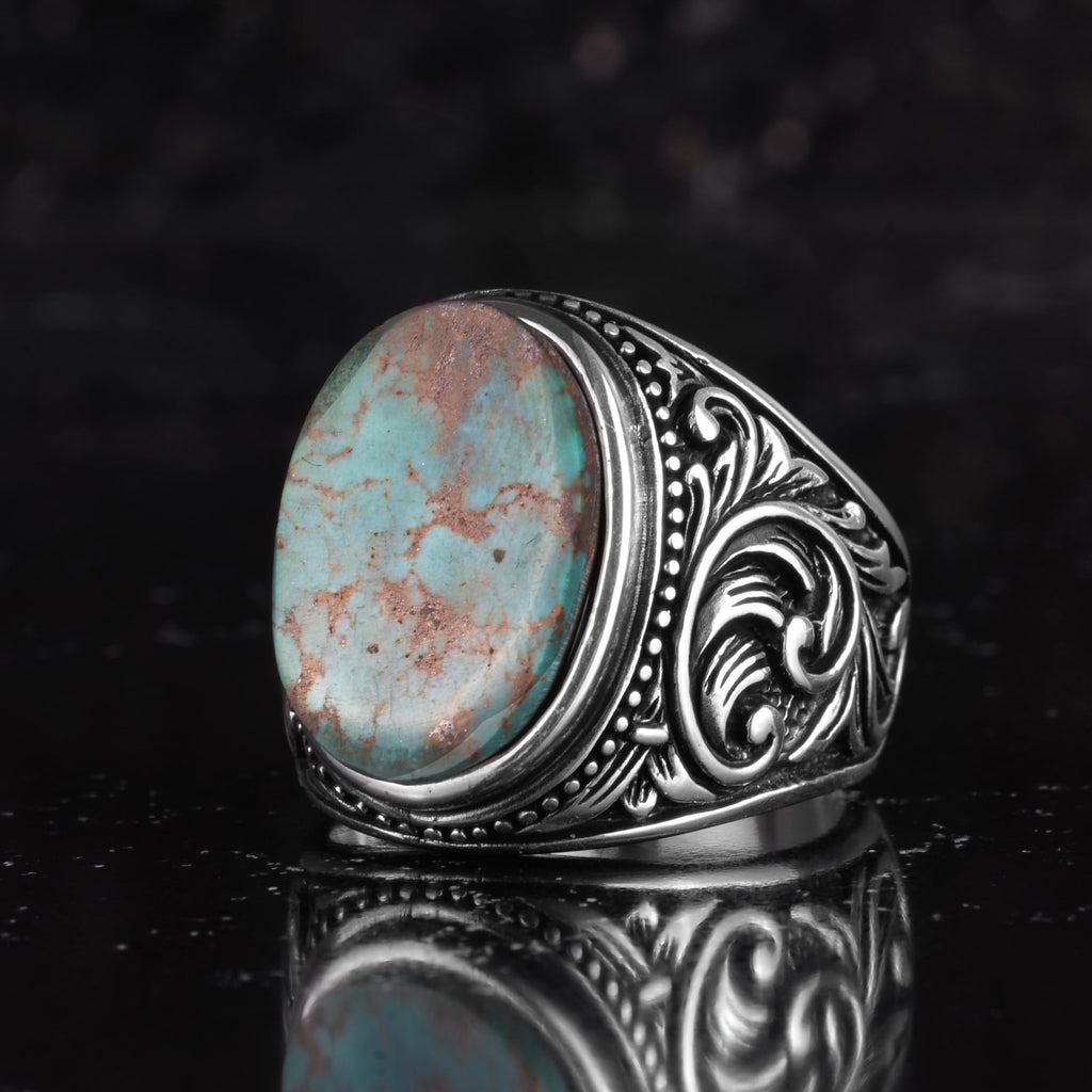 KAMBO Natural Turquoise Stone Men's Ring 925 Sterling Silver Oval Cabochon Ottoman Sliding Pattern Handmade Vintage Style Ring (Turquoise-2) — 5