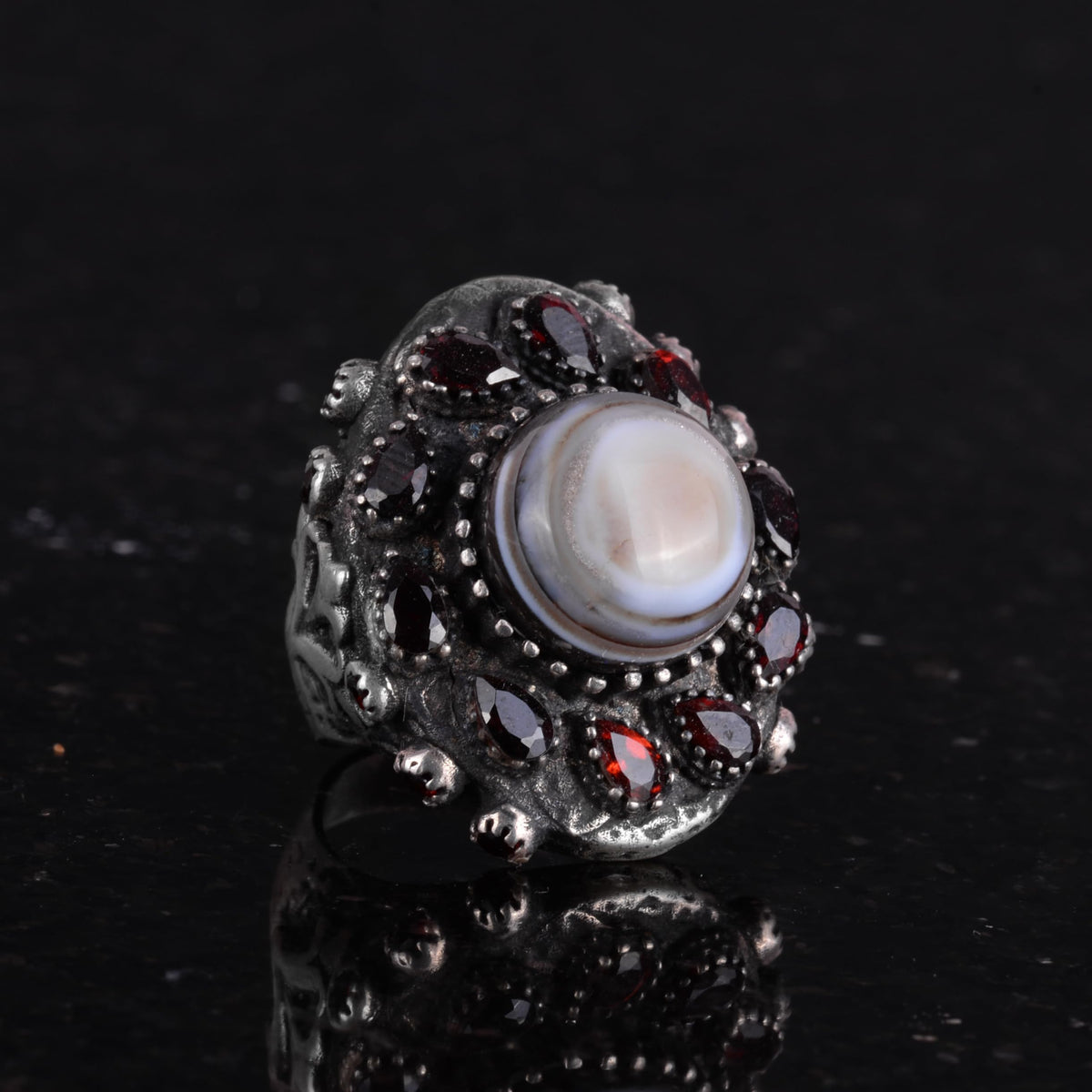 Natural Yemen Agate and Garnet Stone Ring - Sultan Ring - 925 Sterling Silver — 4