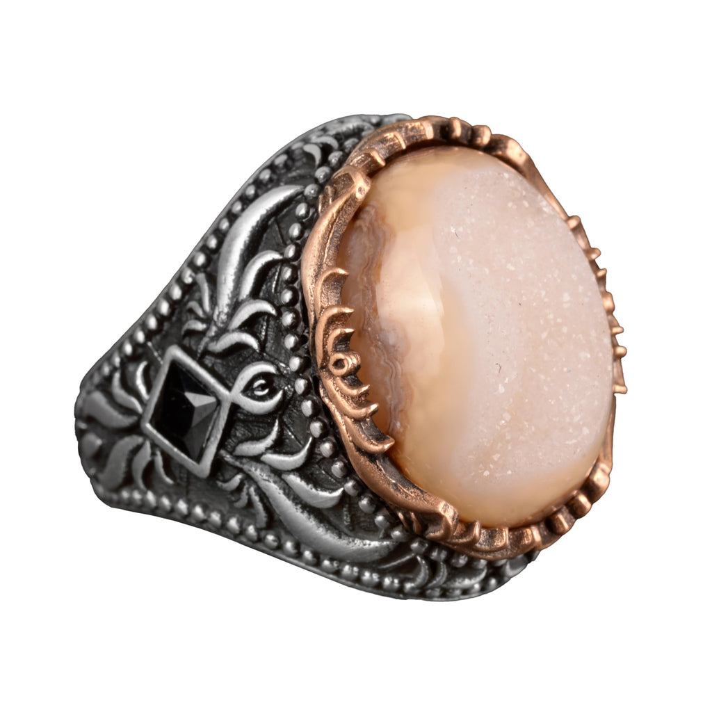 Vintage Men's 925 Sterling Silver Ring - Druzy Quartz (Beige)