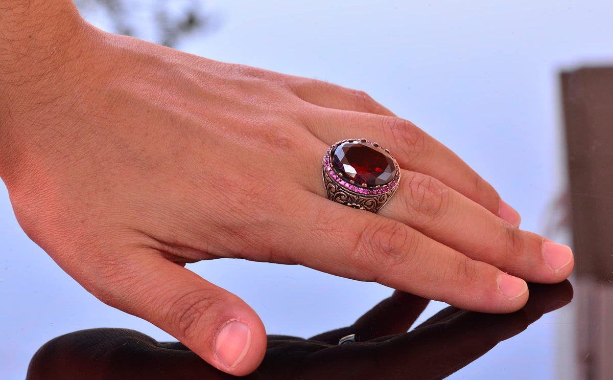 Garnet Stone King Ring, Silver Men's Ring — 6