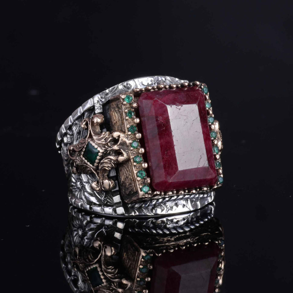 KAMBO 925 Sterling Silver Natural Ruby Men's Ring – Handmade Ottoman Style Statement Ring – Vintage Turkish Jewelry — 4