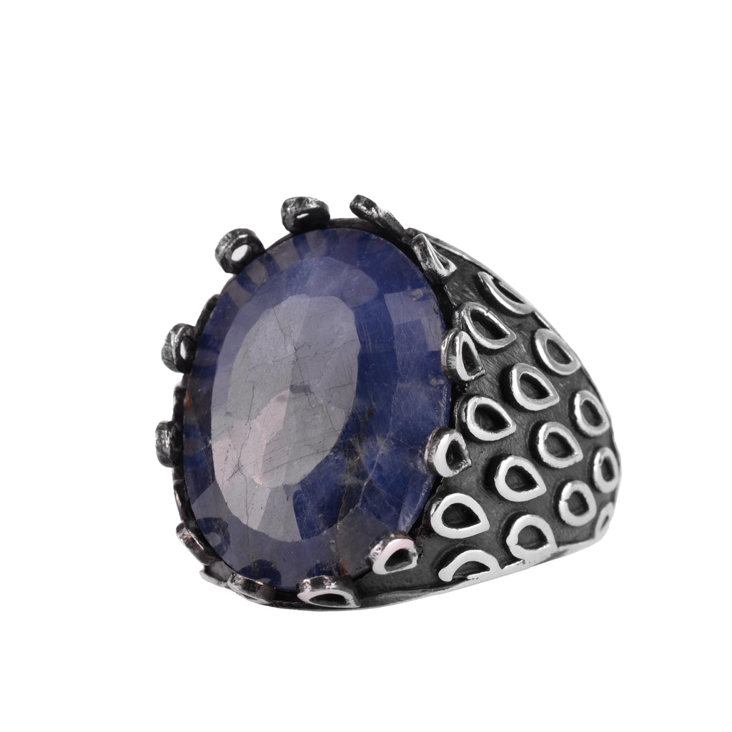 KAMBO 925 Sterling Silver Sapphire Stone Men's Ring – Oval Domed Statement Seal Ring (Sapphire-4)