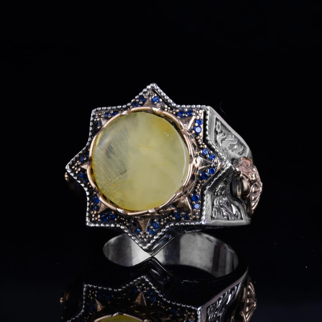 KAMBO 925 Sterling Silver Natural Amber Stone Large Ring - Star Frame Design Handmade Men's Jewelry (Style-2) — 5