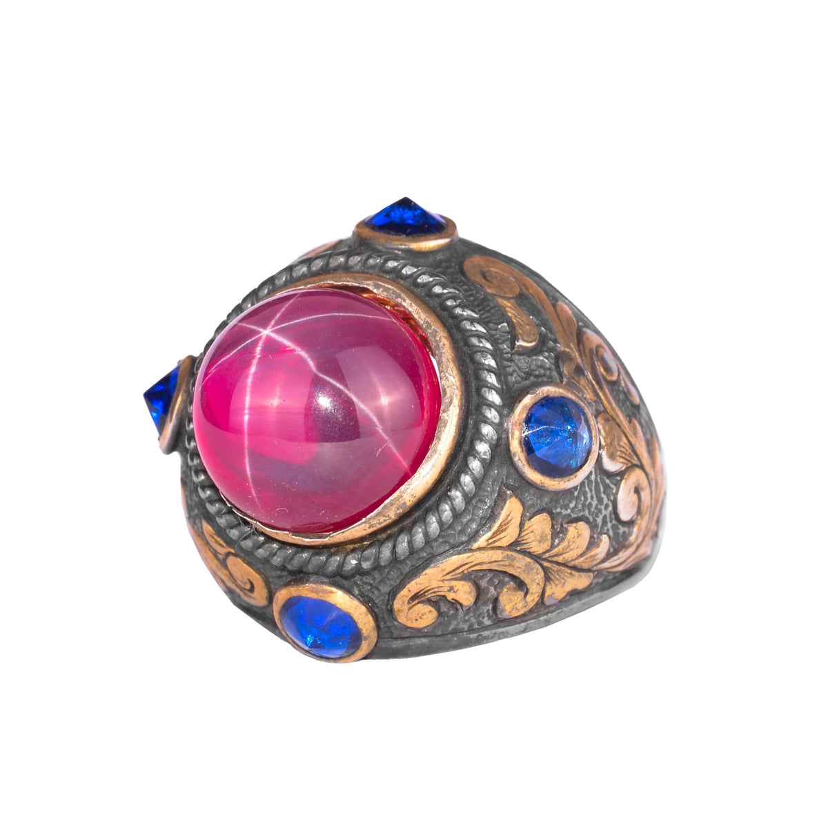 KAMBO Natural Star Ruby Stone Ring – 925 Sterling Silver Gold Plated Handmade Men's Ring – Round Stone Statement Jewelry