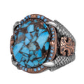 KAMBO Raw Turquoise Oval Stone Claw Setting – Bronze Detailed Silver Artisan Men's Statement Accessory (B)