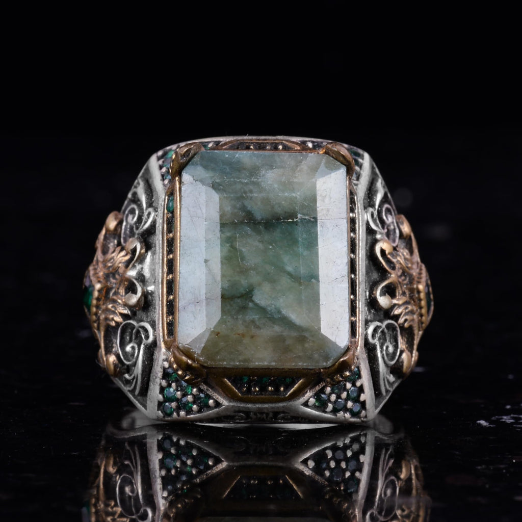 925 Sterling Silver Men's Ring with Real Emerald Stone – Handmade Vintage Design — 7