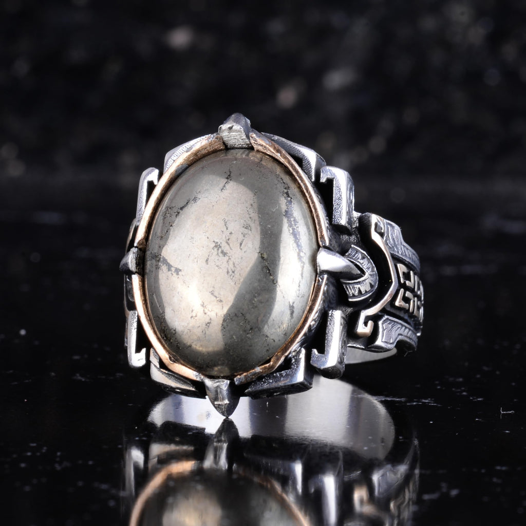 KAMBO Natural Stone Ring 925 Sterling Silver – Handmade Men's Statement Ring Healing Jewelry (Pyrite) — 5