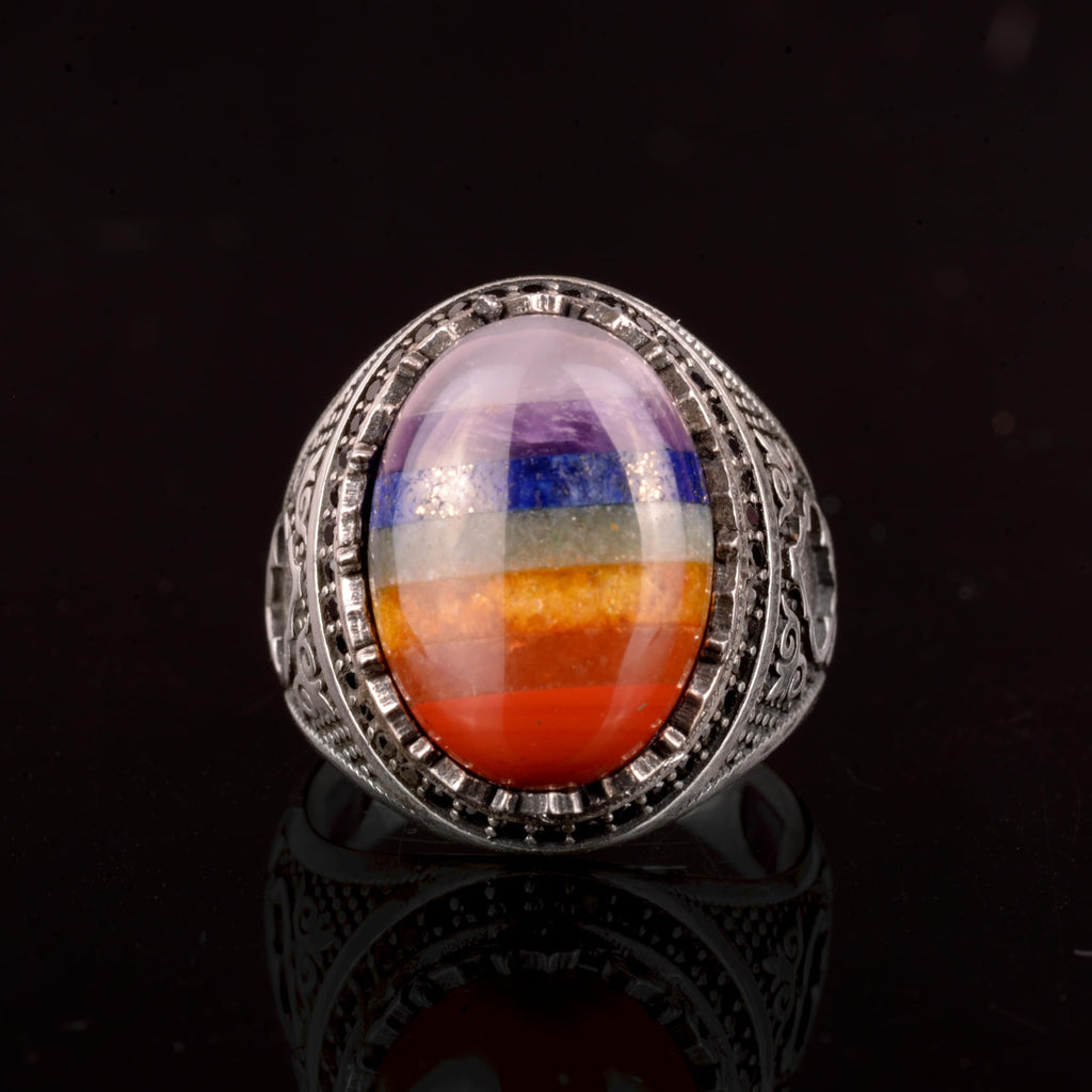 Silver Men's Ring, Rainbow 7 Different Natural Stones Sum Ring, Multi-Colored Ring — 5