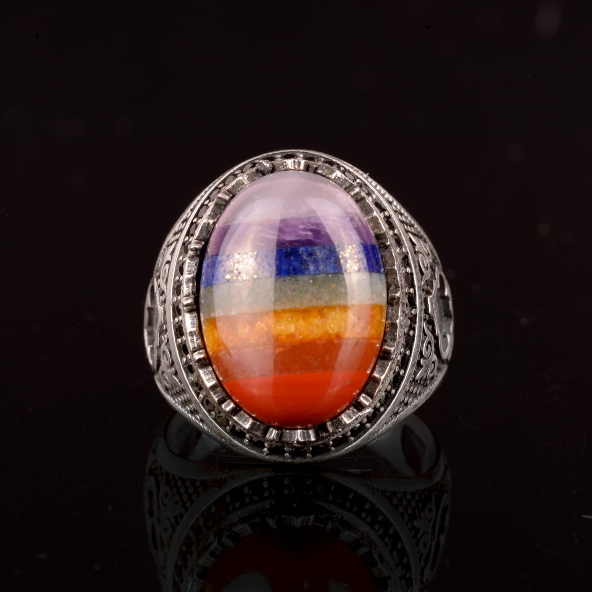 Silver Men's Ring, Rainbow 7 Different Natural Stones Sum Ring, Multi-Colored Ring — 5