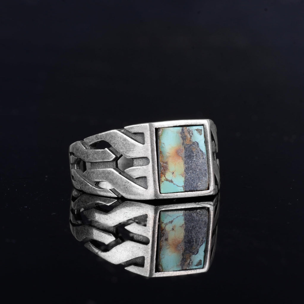 KAMBO Natural Square Turquoise Stone 925 Sterling Silver Men's Ring – Handmade Silver Jewelry with Geometric Side Design (Turquoise-2) — 4
