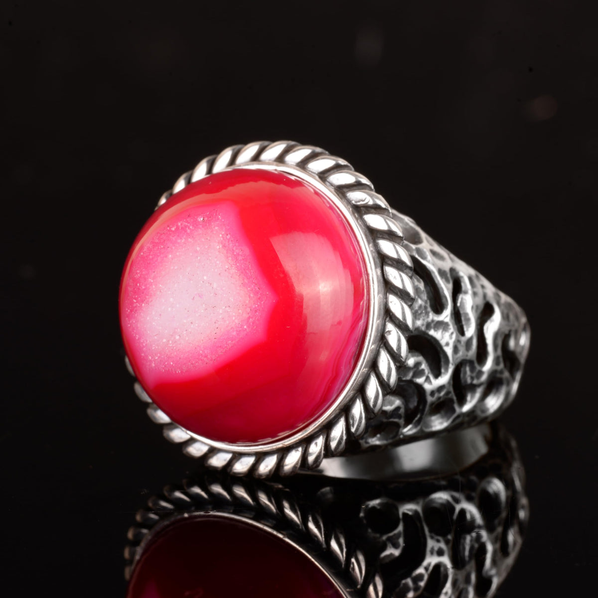 925 Sterling Silver Ring - Natural Druzy Quartz (Red) — 5