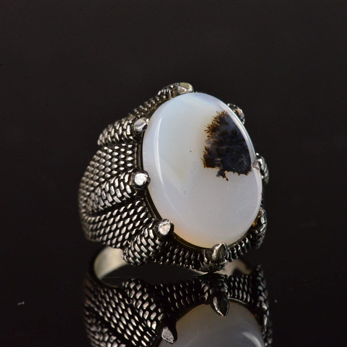 Silver Men's Ring, Real Yemen Agate Stone Ring, Eagle Claw Design — 3