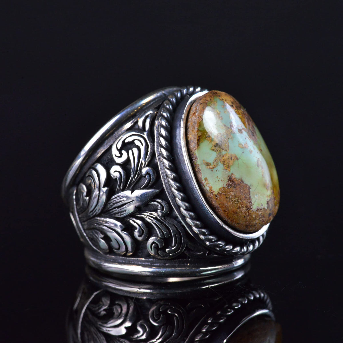 Turquoise Stone Ring, 925 Sterling Silver Handmade Dragon Scale Design — 4