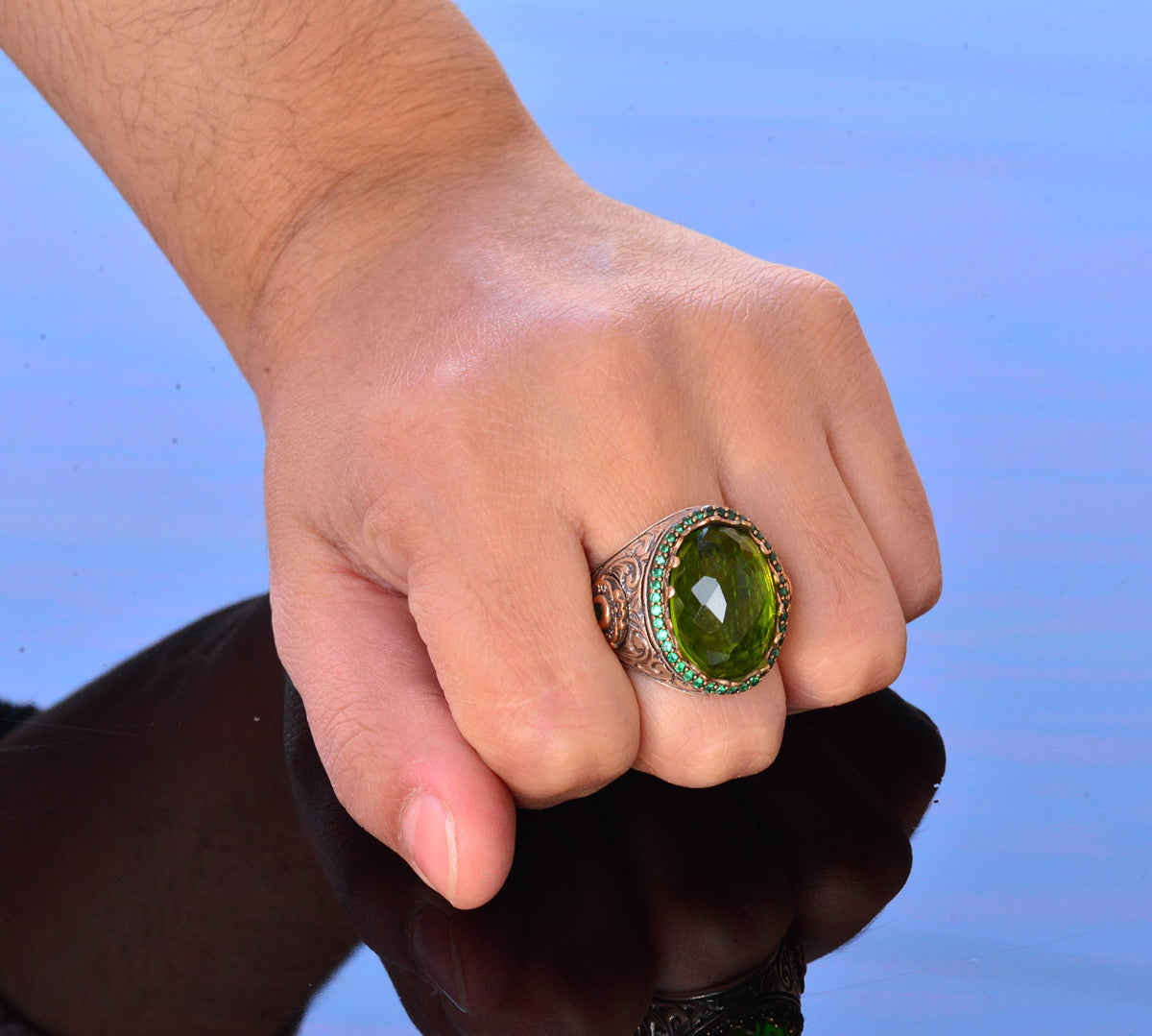 Handmade Silver Men's Ring | Green Artificial Peridot Stone | Renewal and Goodness Design — 7