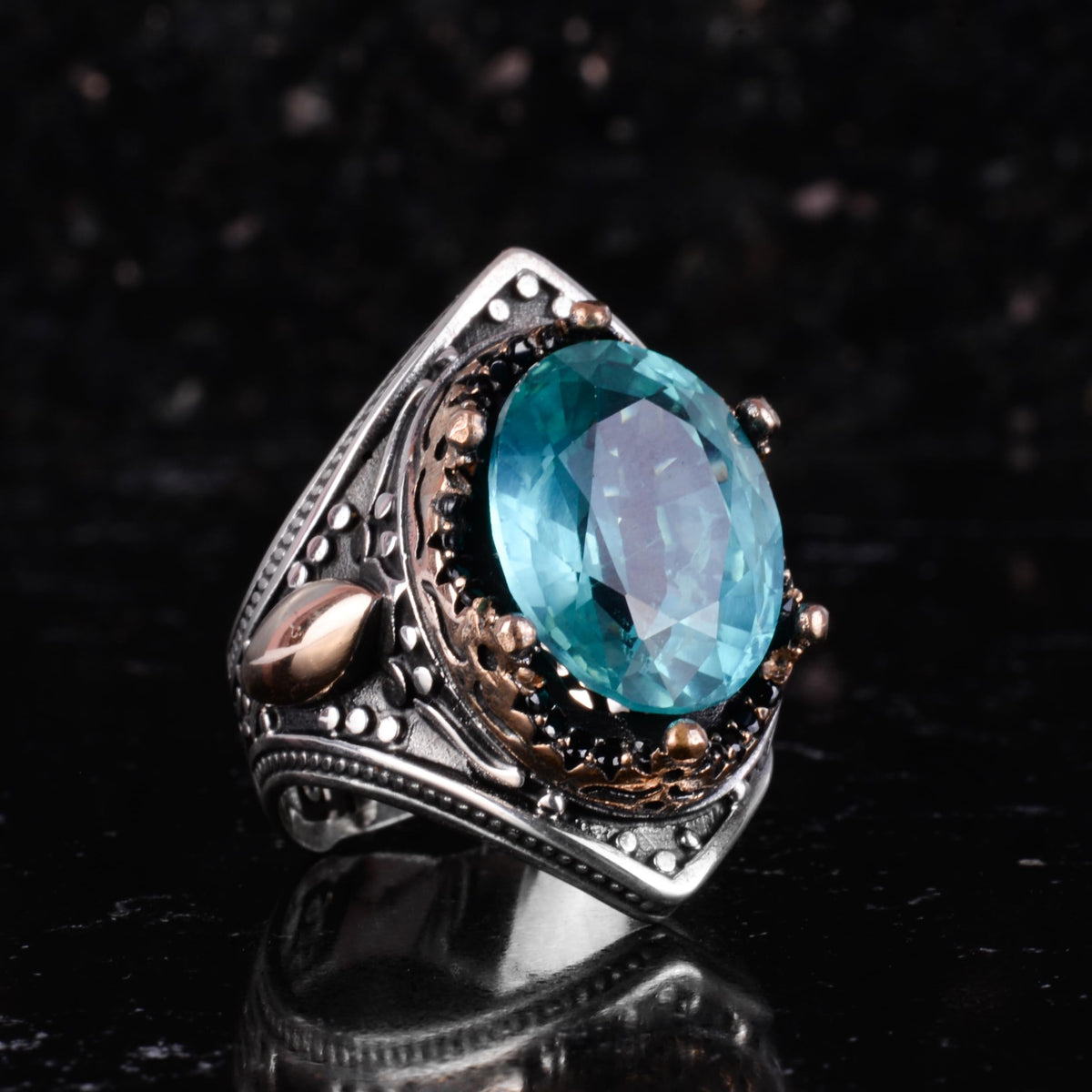 KAMBO Certified Natural Tourmaline Stone Men's Ring – Bronze Detailed 925 Sterling Silver – Oval Cut Statement Ring — 6