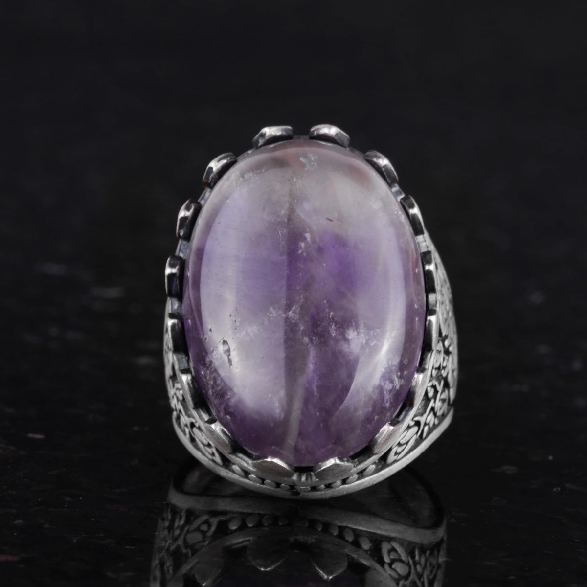 Natural Amethyst Stone Ring - Rose Pattern 925 Sterling Silver Ring — 4