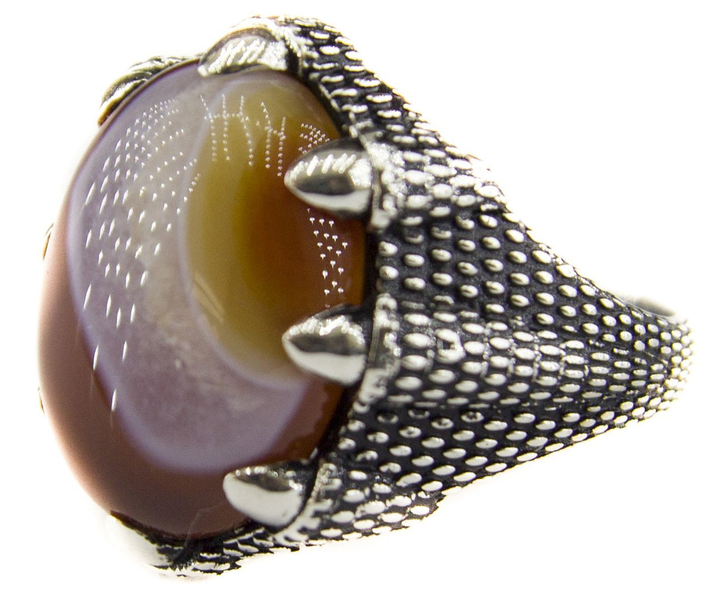 Silver Men's Ring, Natural Agate Stone, Eagle Claw Ring — 5