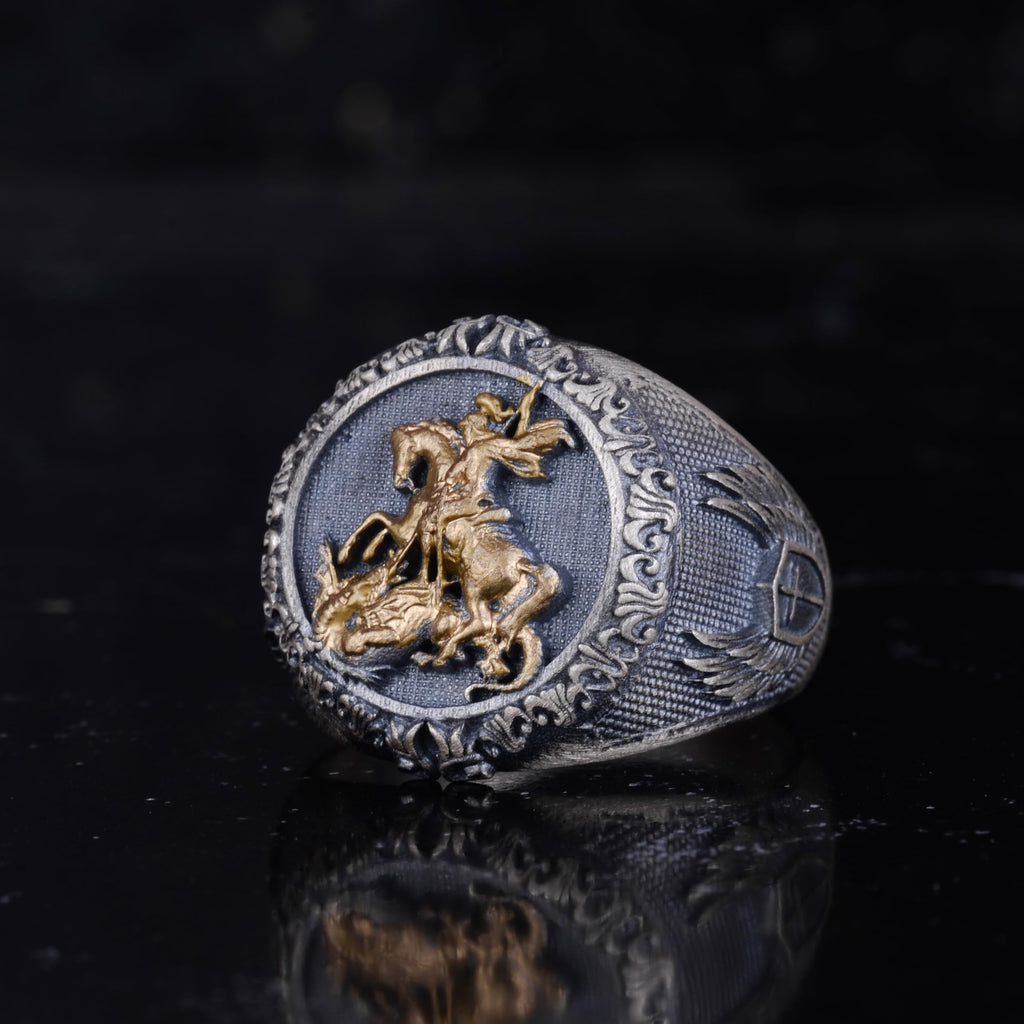 KAMBO 925 Sterling Silver St George and Dragon Men's Ring – Handmade Medieval Knight Seal Ring – Solid Silver Artisan Jewelry — 2