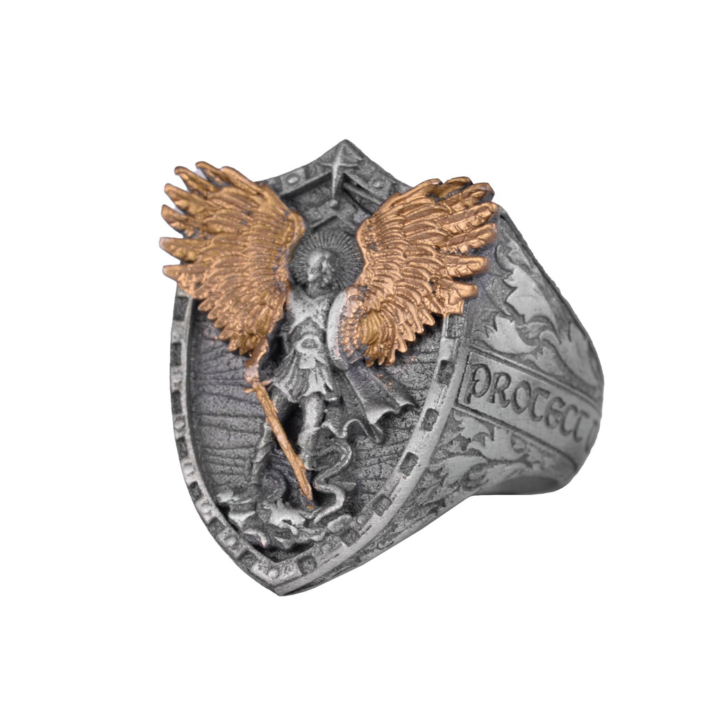 KAMBO 925 Sterling Silver Archangel Michael Designed Men's Ring – Handmade Shield Protection Ring (Gold Plated)