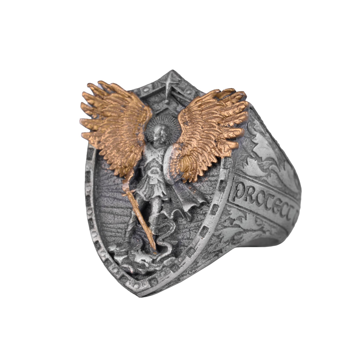 KAMBO 925 Sterling Silver Archangel Michael Designed Men's Ring – Handmade Shield Protection Ring (Gold Plated)