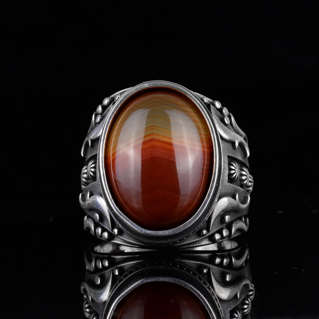 KAMBO Men's Natural Agate Ring – 925 Sterling Silver Flower Pattern Ring – Men's Handmade Vintage Style Statement Ring (Agate-2) — 4