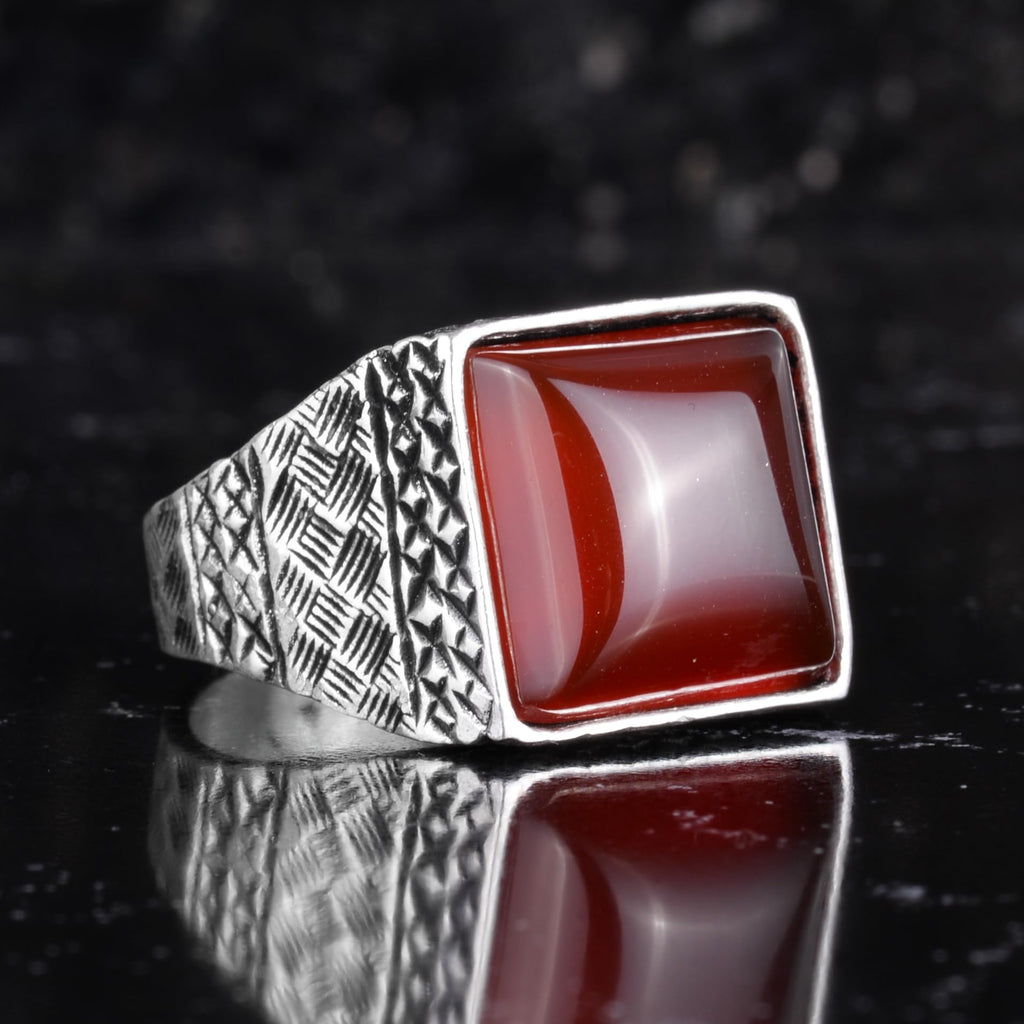 KAMBO Natural Stone Men's Ring 925 Sterling Silver Square Stone Handmade Statement Ring Unique Masculine Jewelry (Red Agate) — 5
