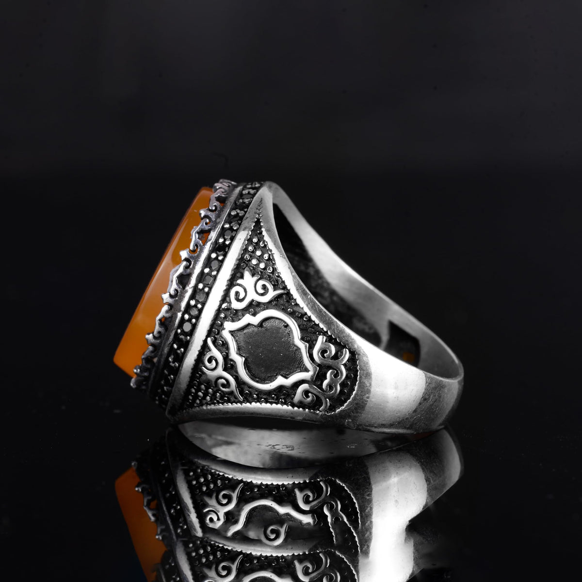 KAMBO Natural Yellow Agate Islamic Men's Ring – 925 Sterling Silver Oval Engraved Stone Spiritual Design — 7