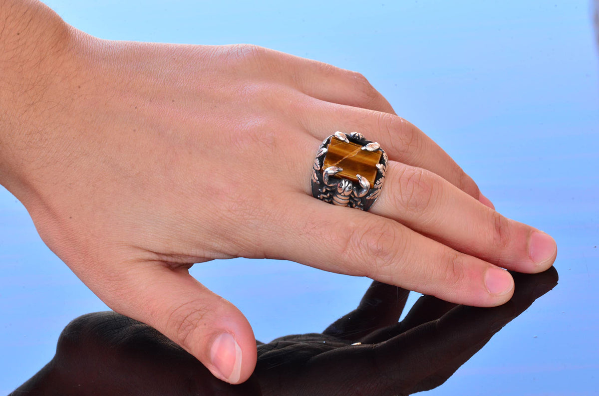 Handmade Silver Men's Ring | Natural Tiger's Eye Stone and Scorpion Design | Bold and Protective — 6