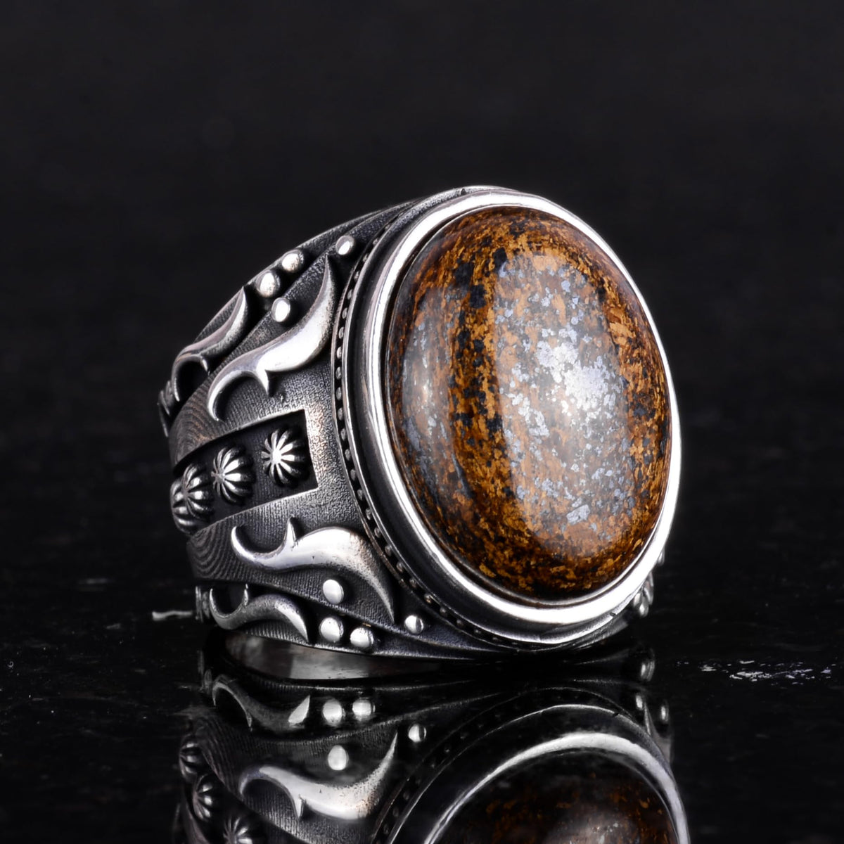 925 Sterling Silver Men's Ring - Handmade Natural Bronzite Stone — 5