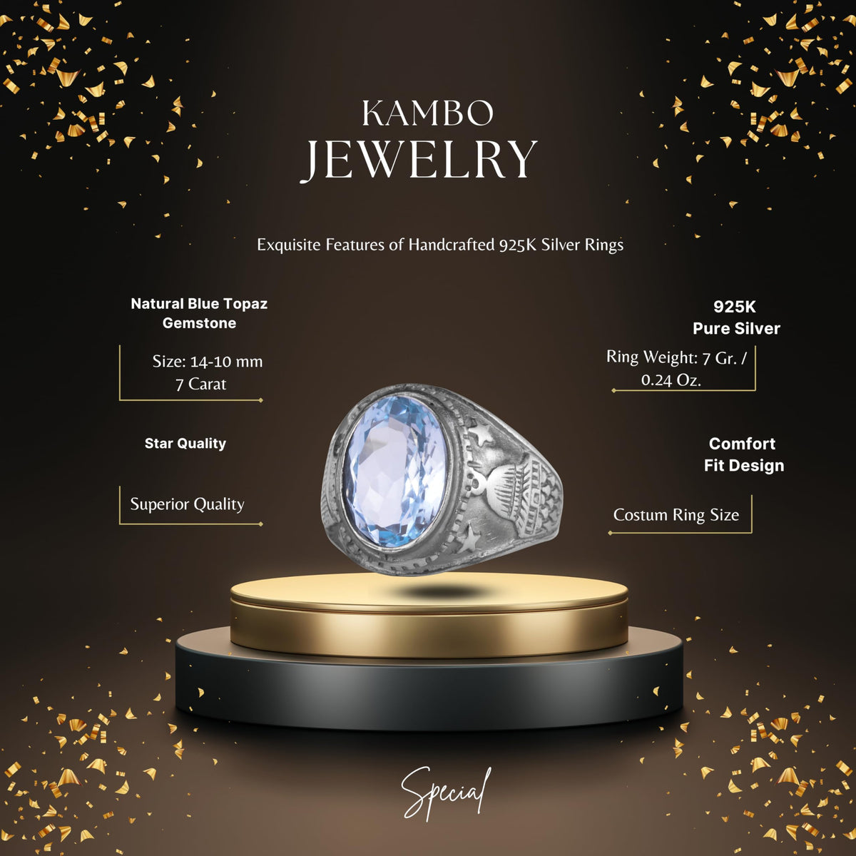 KAMBO Natural Blue Topaz Stone Men's Ring 925 Sterling Silver – Eagle Motif Handmade Ring – Light Blue Stone Vintage Statement Jewelry — 2
