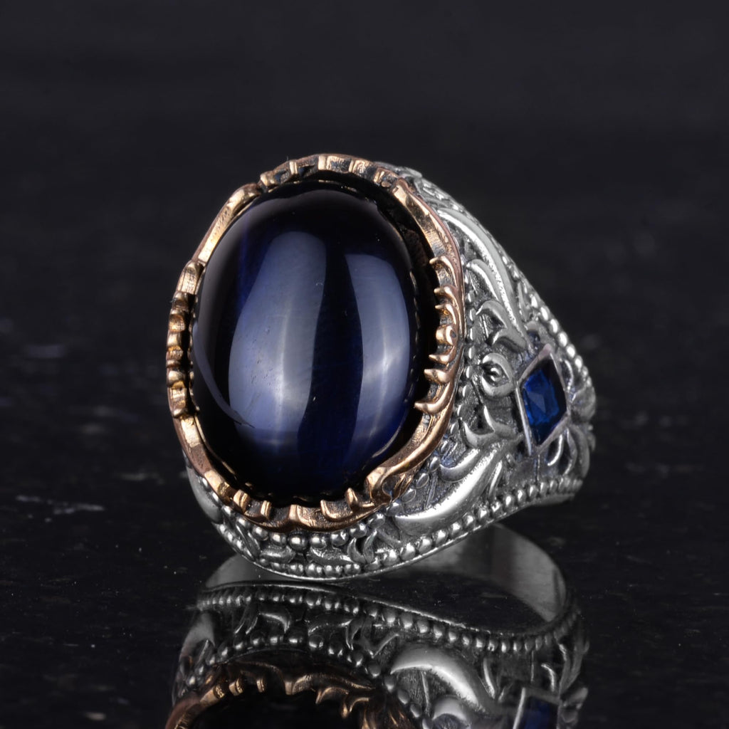 Synthetic Stone Ring - Handmade Men's Ring - Elegant 925 Sterling Silver Men's Ring (Synthetic Blue Cat's Eye) — 6