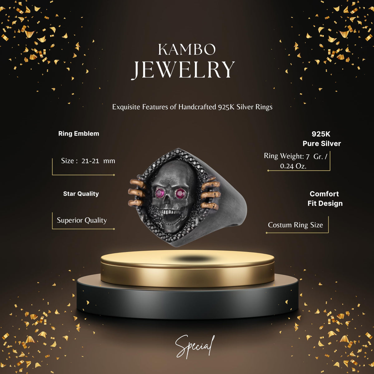 KAMBO Skull Red Eyed Men's Ring – 925 Sterling Silver Gold Plated Gothic Skull Ring – Handmade Dark Statement Jewelry — 2