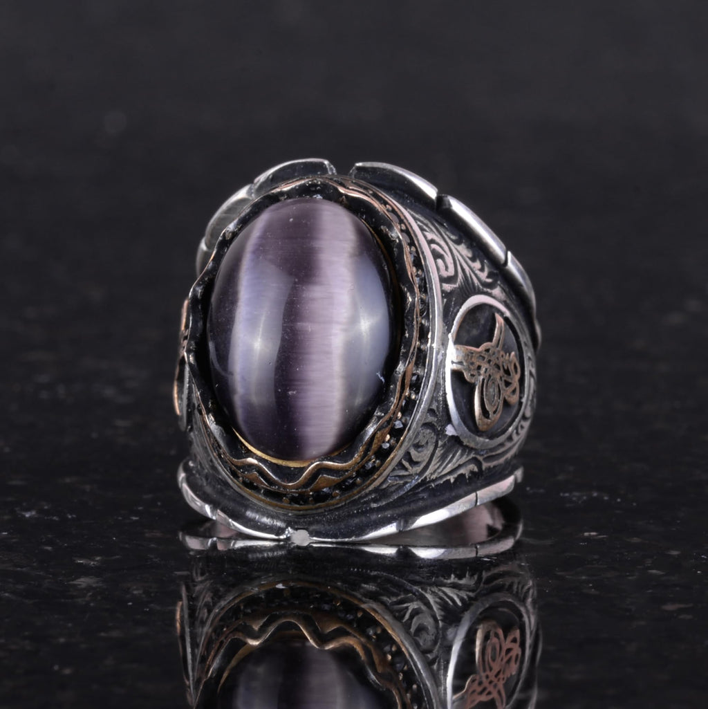 925 Sterling Silver Men's Ring, Amethyst Cat's Eye Natural Stone Ring, Ottoman Tughra Ring — 5